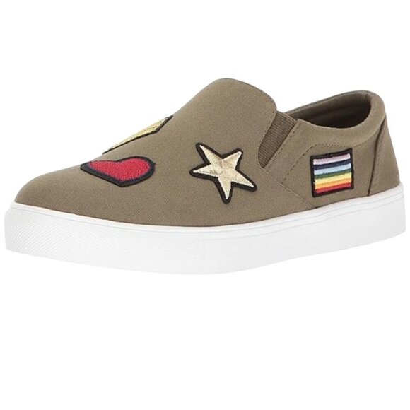 MIA Pepe Fashion Sneakers Slip On Embroidered Patches Olive Green Brown Size 8.5 - Picture 1 of 11